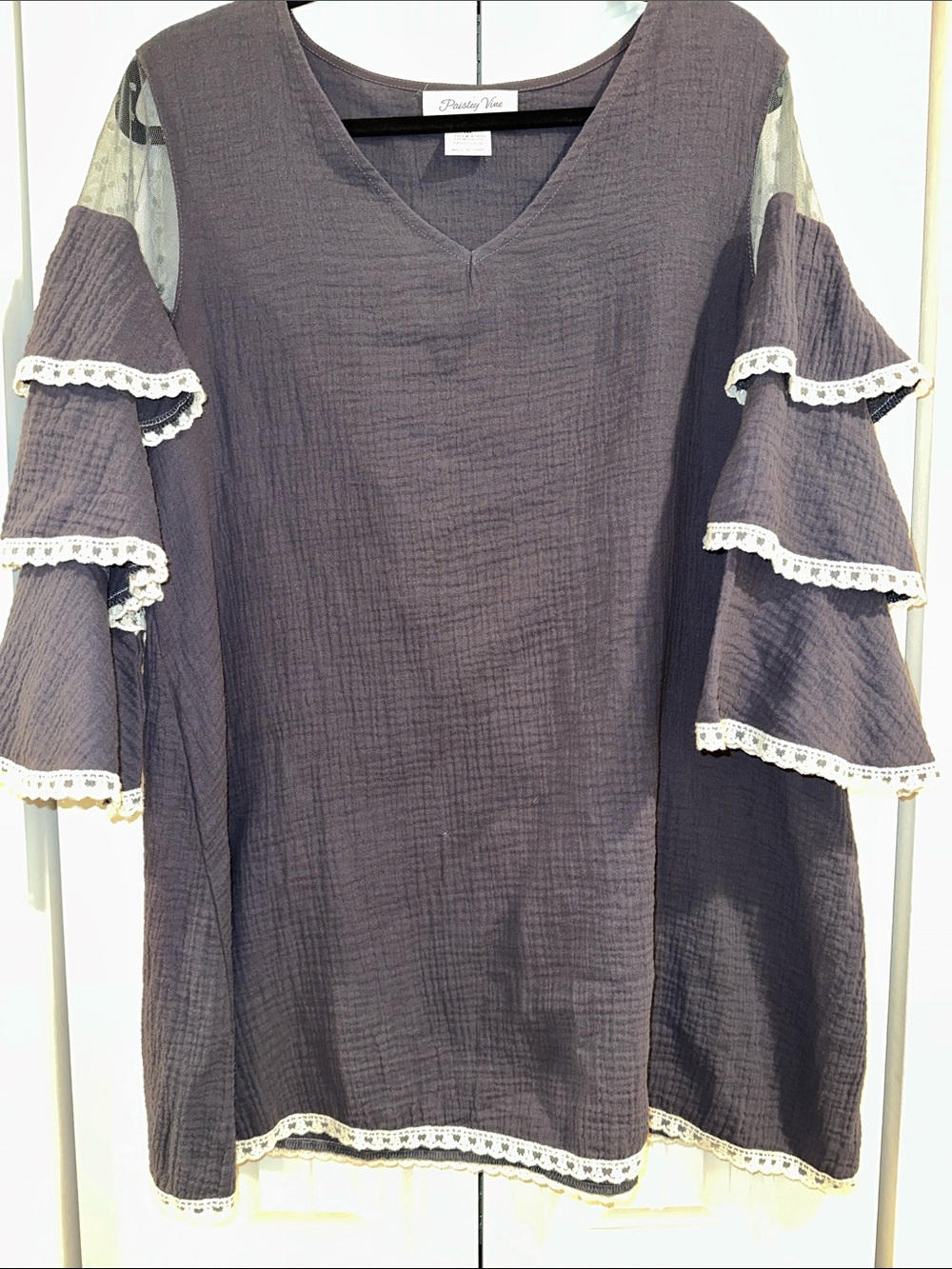 Paisley Vine Medium Lace-Trim Navy V-Neck Peasant Top